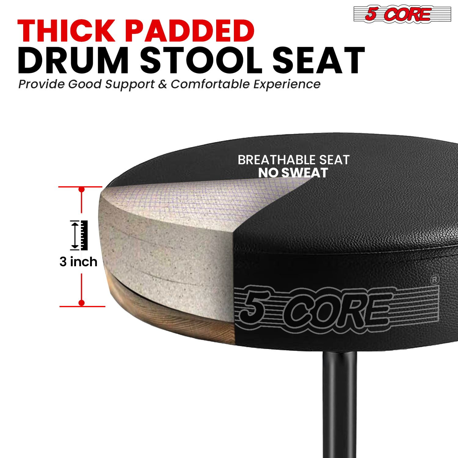 Drum Throne 3" Thick Padded Memory Foam Comfortable Drummer Stool 330Lb Capacity Adjustable