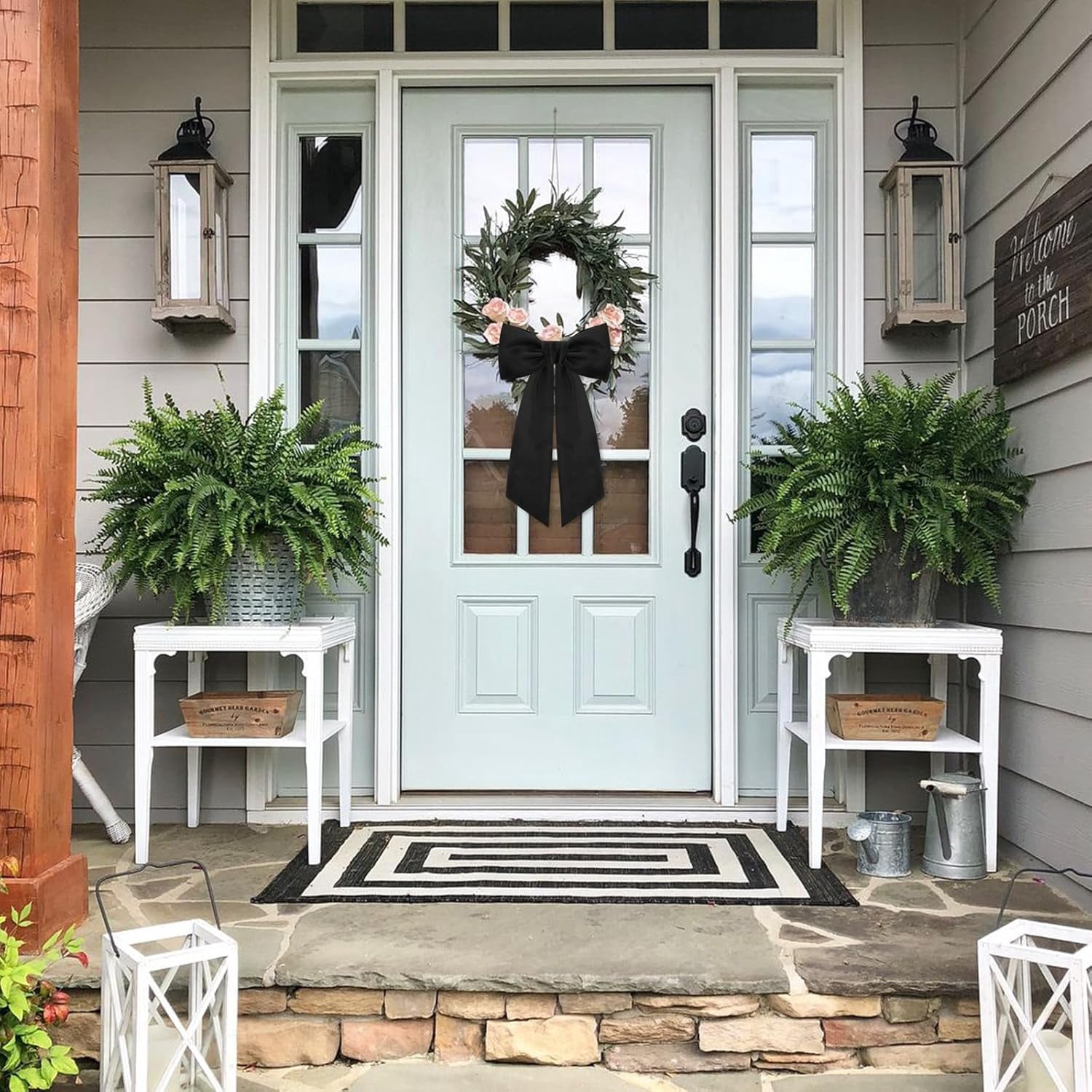2 Pcs Black Wreath Sash for Front Door Linen Ribbon Bow Yard Porch Garland Home Decor