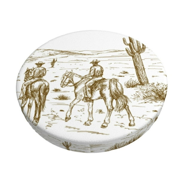 Disketp Western Desert Cowboys Funda Redonda para Taburete, Funda de Cojín para Silla de Bar Suave y Elástica-14 inch