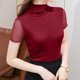 thumbnail image 5 of Tejiojio Women's Sheer Mesh Top Solid Mock Neck Short Sleeve Fitted Elegant Casual Blouse, 5 of 5
