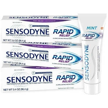 Sensodyne Rapid Relief Toothpaste for Sensitive Teeth, Mint with Fluoride, Adult Sensitive Toothpaste for Painful Teeth and Gums, Long Lasting Protection, 3.4 oz (Pack of 3) C52