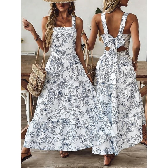 Multicolor Blue And White Floral Print Sleeveless Tiered Maxi Dress With Bow Back For Women