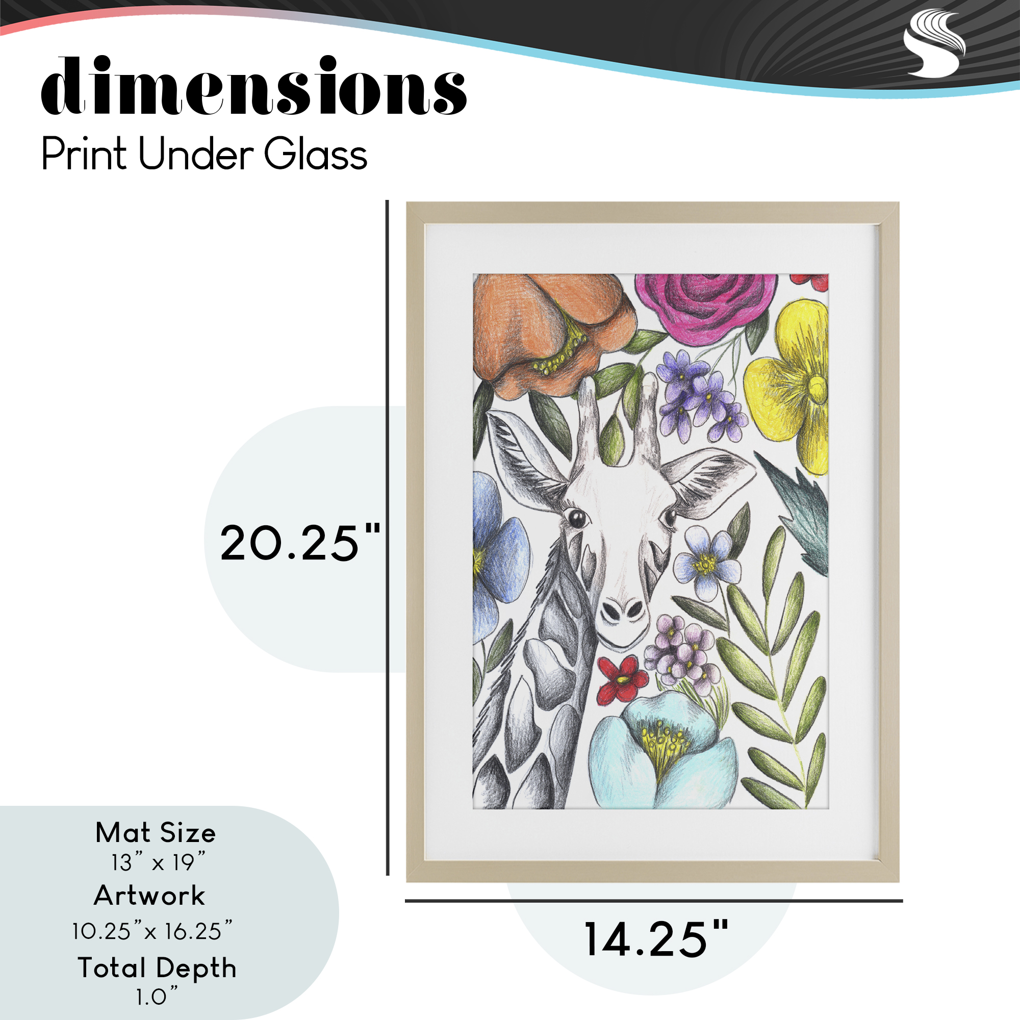 Giraffe In The Midst of Flowers Birch Framed Print Under Glass, design by Cecilia Battaini