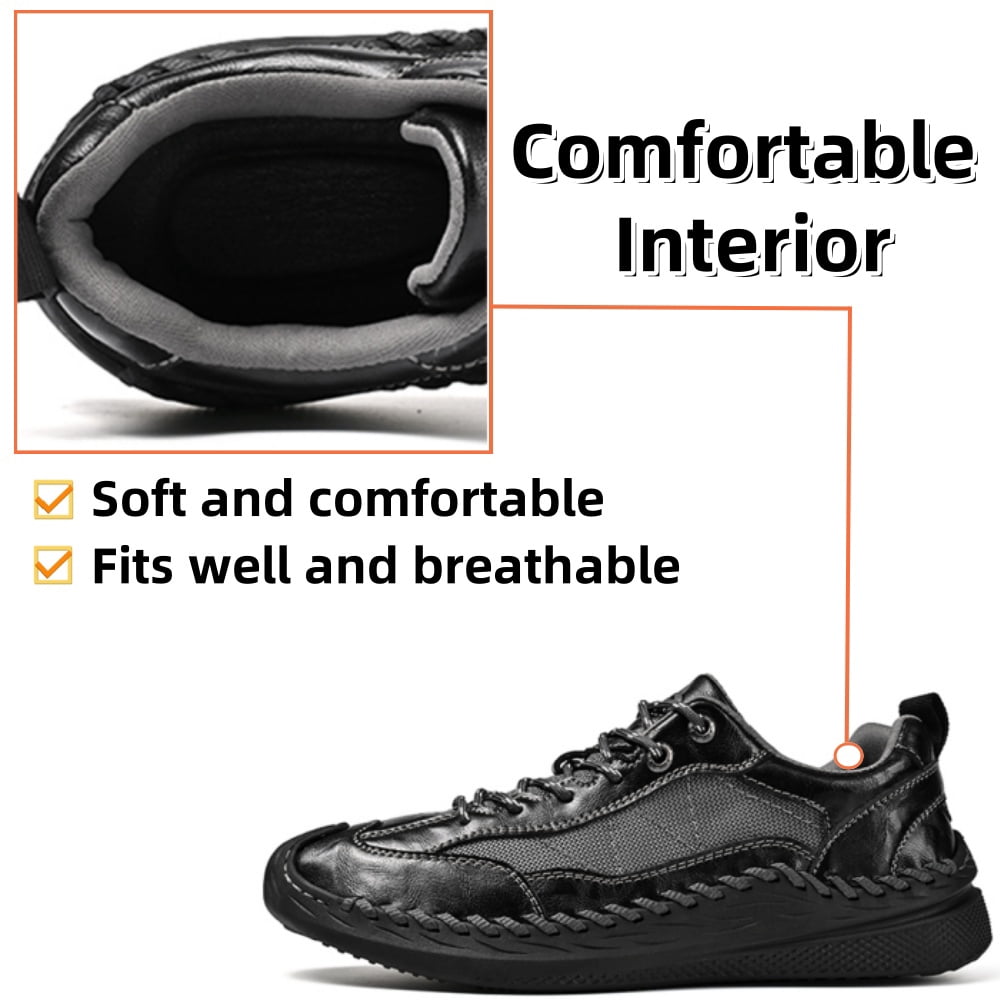 Mens Casual Leather Shoes Outdoor Hiking Work Shoes Breathable Lightweight Sneakers Comfortable Lace-up Driving Shoes Black 10 US