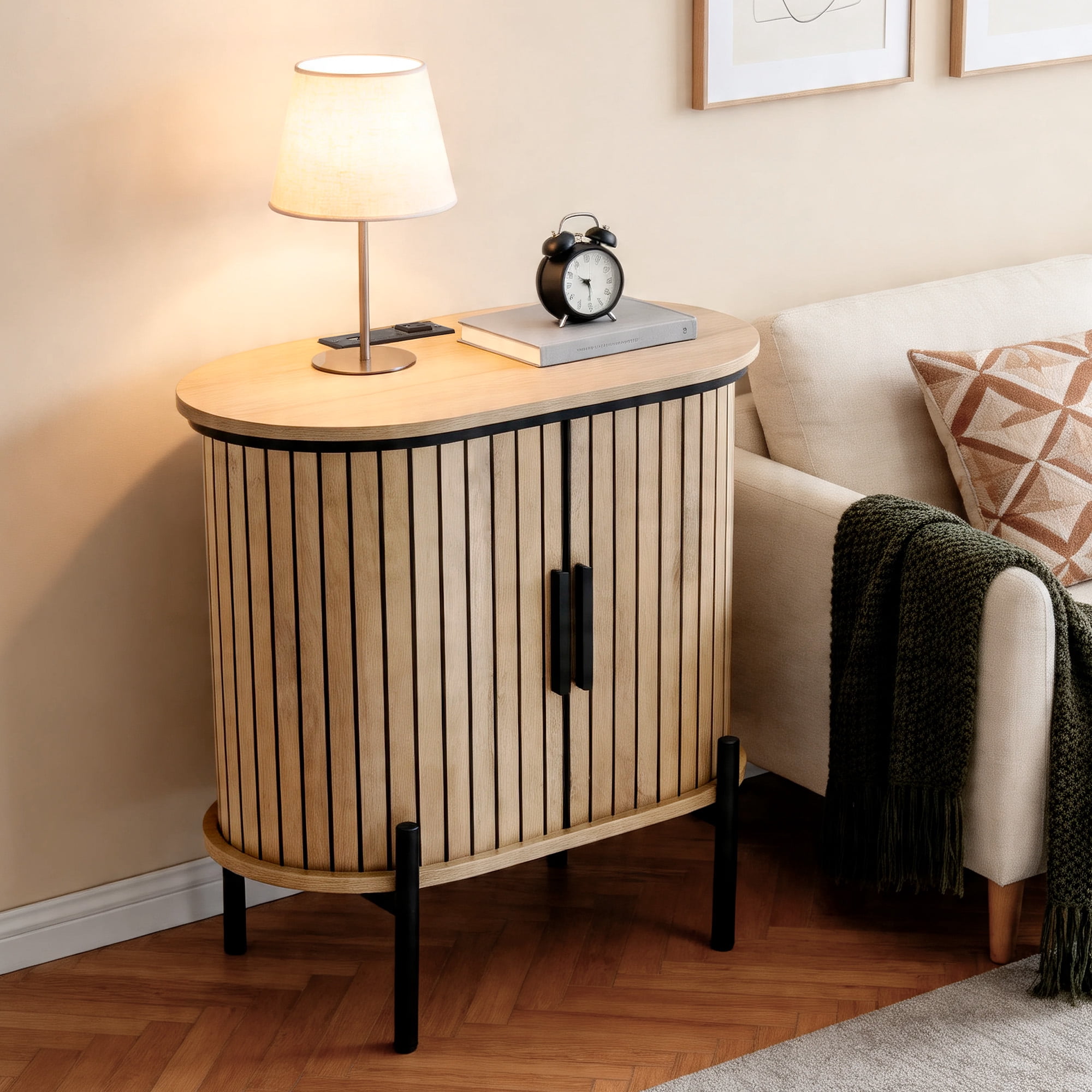 Ebello Nightstand with Built-in Charging Station, Modern Oval End Table with Storage, Sliding Door & Raised Base for Bedroom and Entryway, Camel