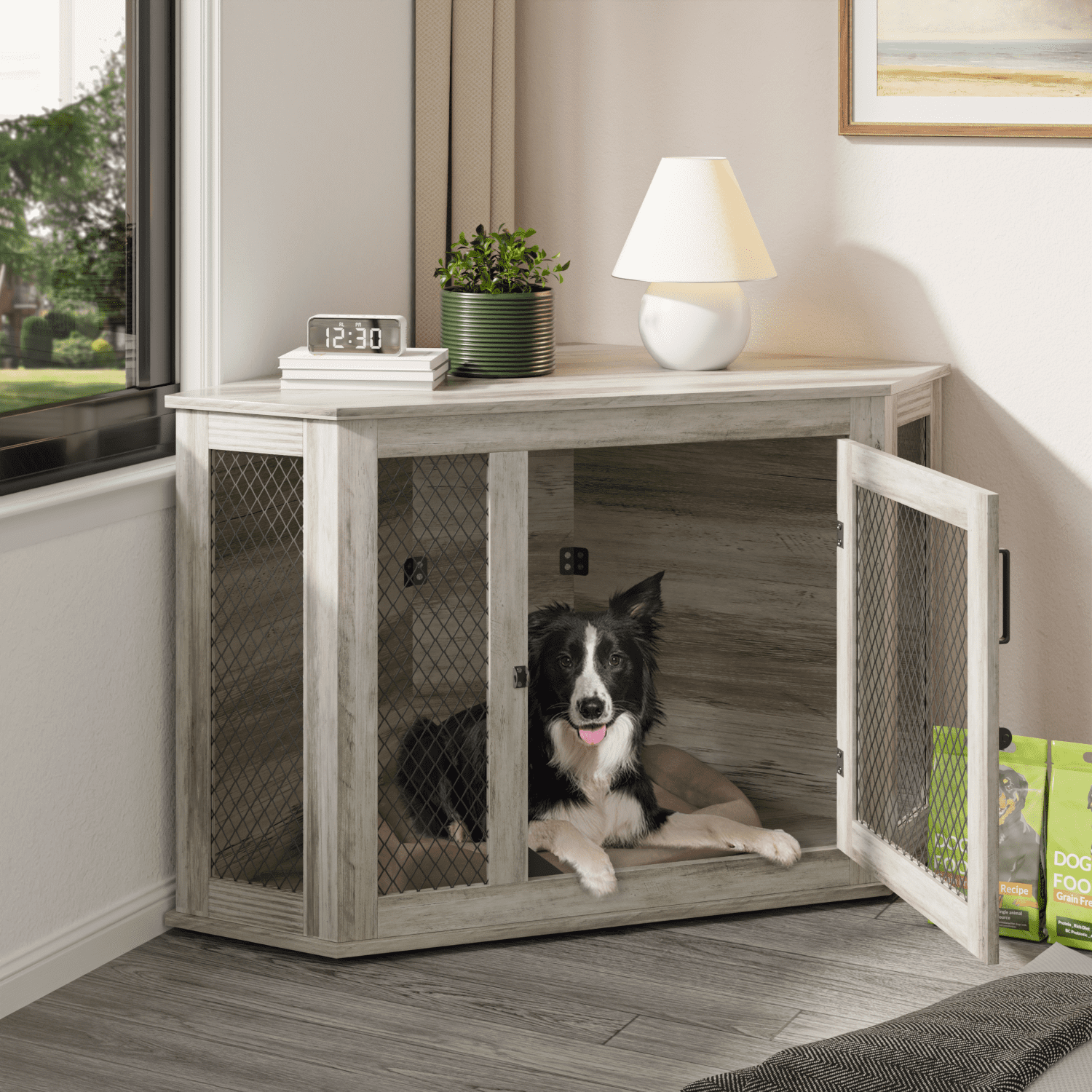 Bossin 52"Corner Dog Crate Furniture，Wooden Dog Kennel Indoor Furniture，Decorative Dog Crate, Dog Kennel TV Stand End Table for Small to Large Dogs