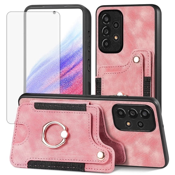 Asuwish Phone Case for Samsung Galaxy A53 5G Wallet Cell Cover with Tempered Glass Screen Protector Slim Lanyard Wrist Strap RFID Ring Stand Credit Card Holder Slot A 53 G5 53A SM A536U 6.5" Pink