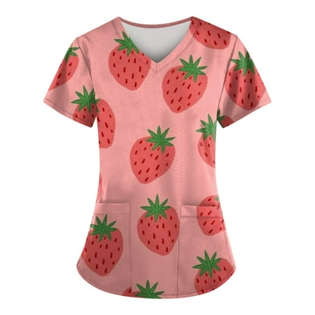 

Sksloeg Scrub Tops For Women Cartoon Printed Top Fruit Strawberry Patterned Nurse Uniforms For Women Short Sleeve V-Neck Shirts Tee Tops With Pockets Pink XXXL