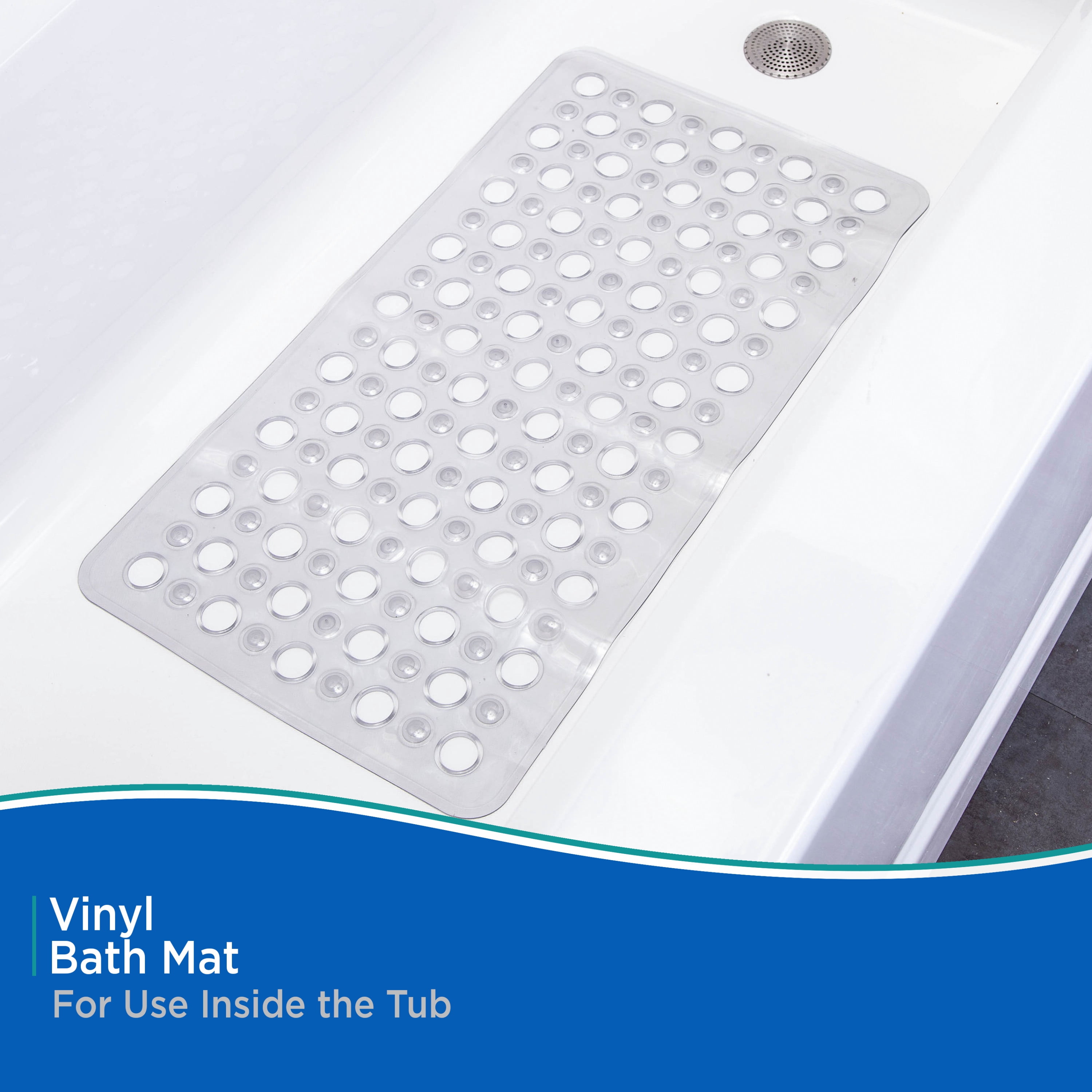Kenney Vinyl Bath Mat with Suction Cups and Large Drain Holes, 27" x 14.5", Grey