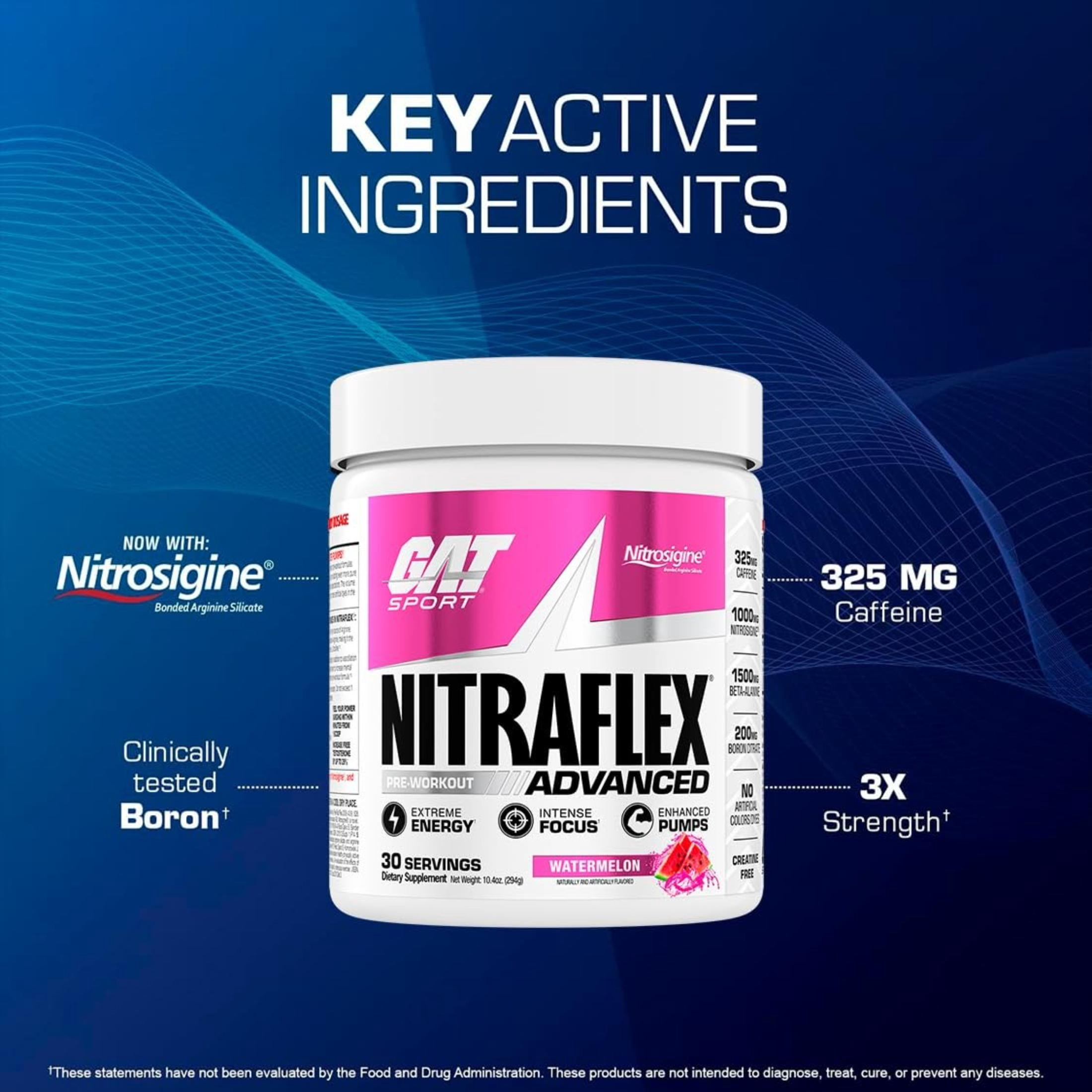 GAT SPORT Nitraflex Advanced Pre-Workout Powder, Increases Blood Flow, Boosts Strength and Energy, Improves Exercise Performance, Creatine-Free (Watermelon, 30 Servings)