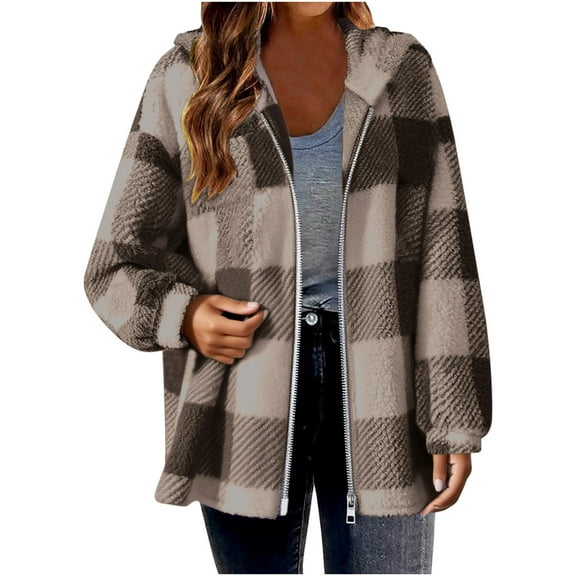 CheerKidz Women Winter Long Sleeve Plaid Hooded Coat Casual Warm Zipper Front Outerwear Soft V Neck Jacket for Daily Wear Fall Spring Fashion Blouse(Coffee,5XL)