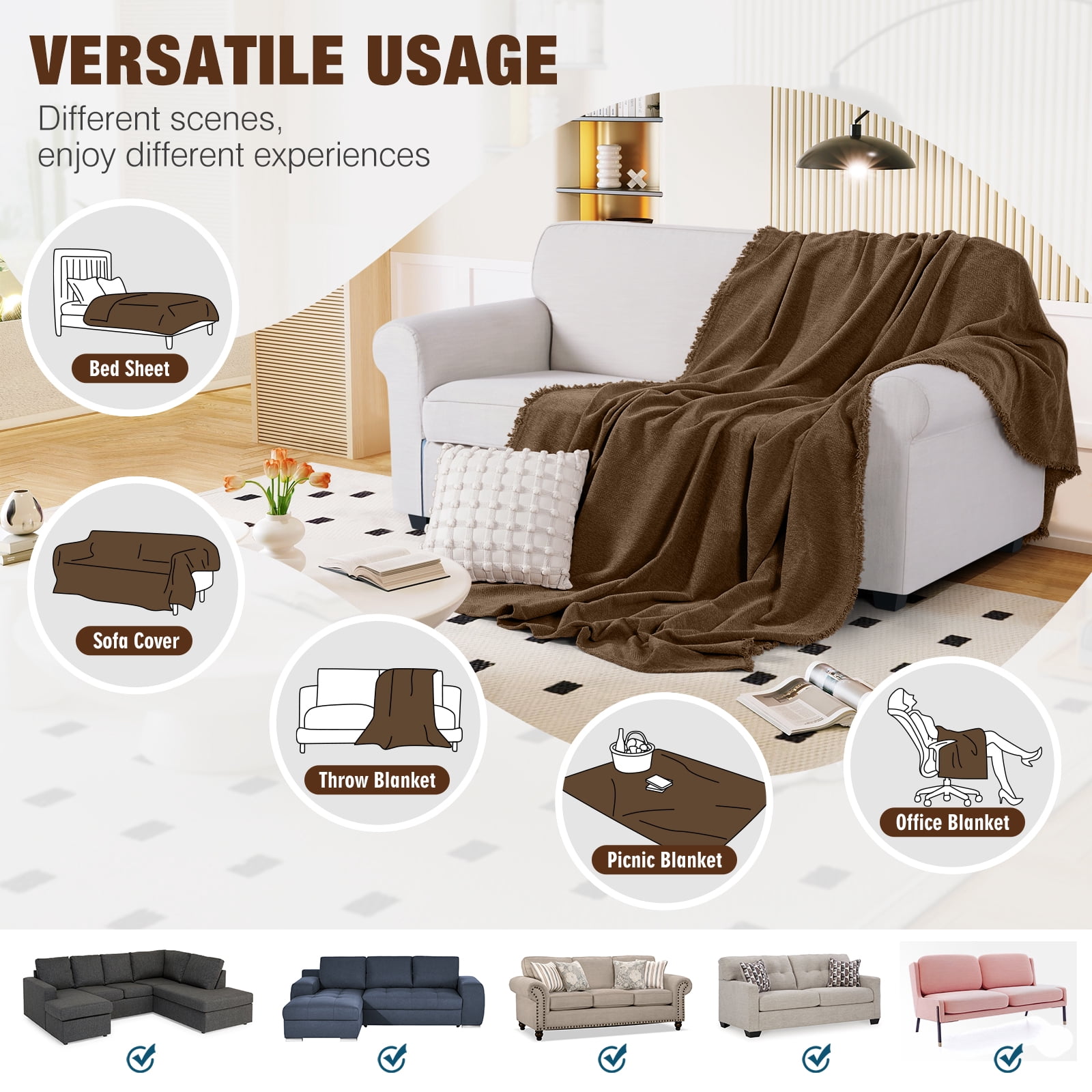 Timeles Couch Covers Washable Sofa Slipcovers with Tassels Sectional Couch Cover Soft Sofa Blanket Durable Furniture Protector for Kids Pets (71" x 134", Dark Coffee)