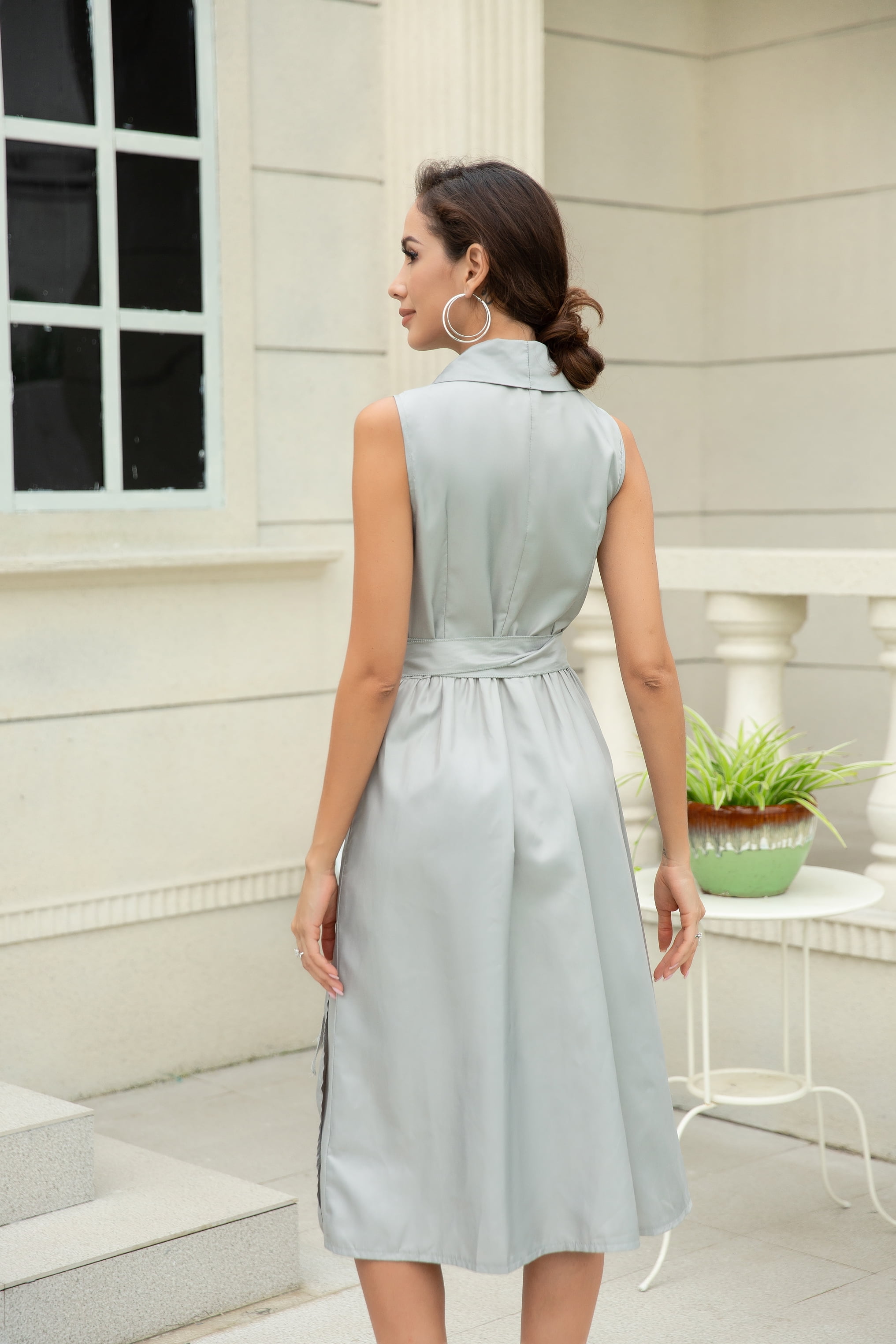 Curve Muse Women's Solid Sleeveless V Neck Tie waist Wrapped Dress-Grey-XL