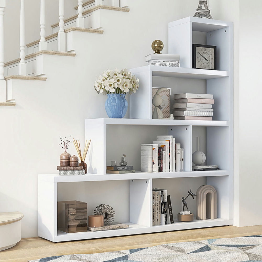 Spaco 6 Cubes Ladder Shelf Corner Bookshelf Storage Bookcase-White, Tall Bookshelf, Shelves for Living Room, Home Office, Bedroom, Balcony