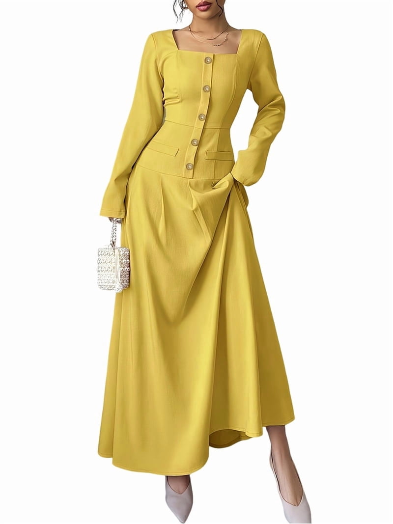 Flowy Dress for Women Square Neck Long Sleeve Dress Yellow XL