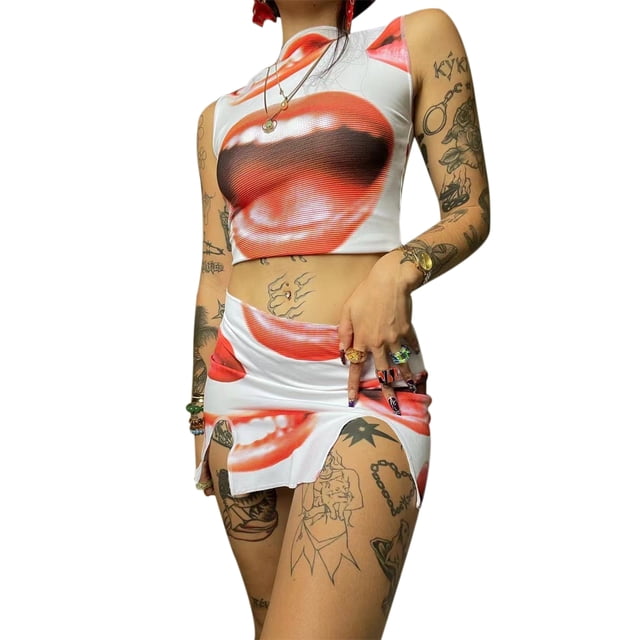VISgogo Conjunto de Traje Femenino de 2 Piezas, Tops Cortos Sin Mangas con Cuello Redondo con Estampado de Boca + Falda Corta a la Cadera para Verano, S/M/L VISgogo moda