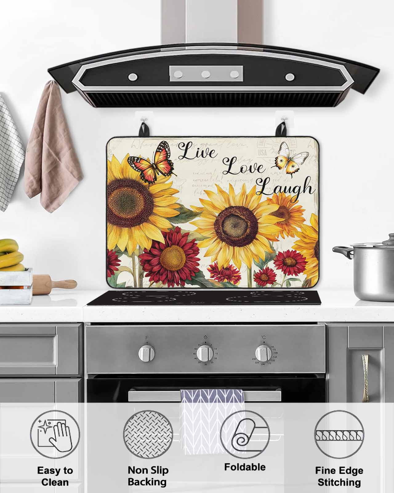 nqOlkjepod Large Induction Cooktop Protector Mat 24"x21", Sunflower Vintage Stove Top Covers for Electric Stove, Farmhouse Flowers Butterfly Botanical Stove Burner Cover Mats, Glass Top Stove Cover