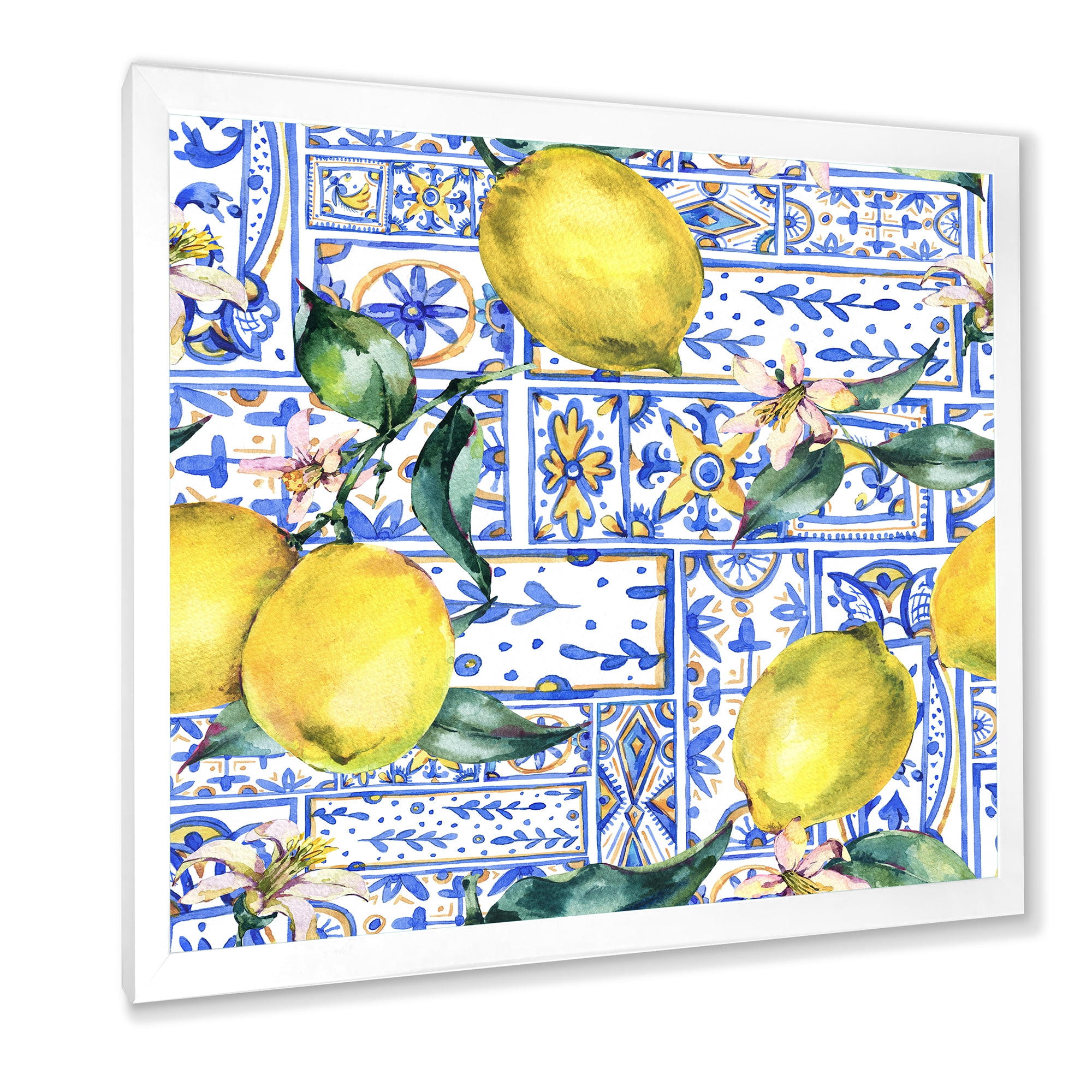 Designart 'Geometrical Pattern of Lemon Ornament On Blue I' Tropical Framed Art Print