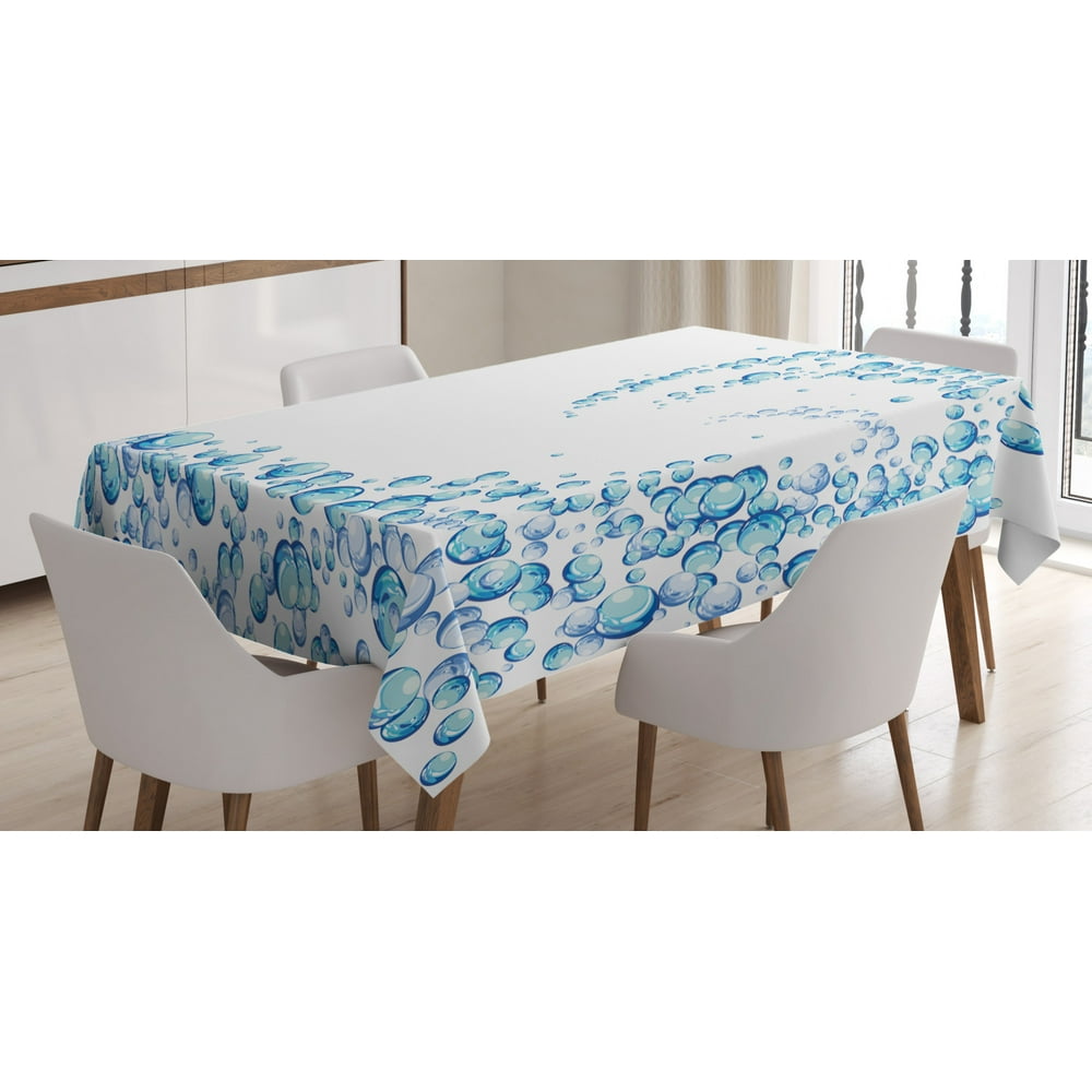 Blue Tablecloth, Water Droplets Bubbles of Air Aquatic Fresh Simple