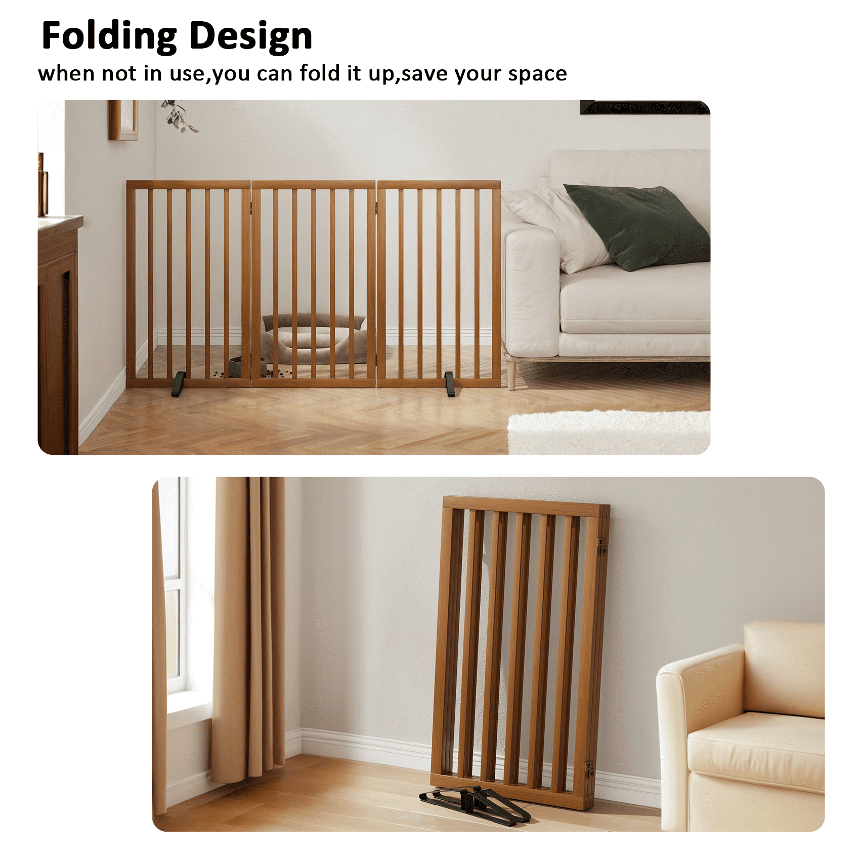 Smart FENDEE 33" Tall Foldable Bamboo Freestanding Pet Gate with Dog Gate and Support Feet, Expands to 55" Wide