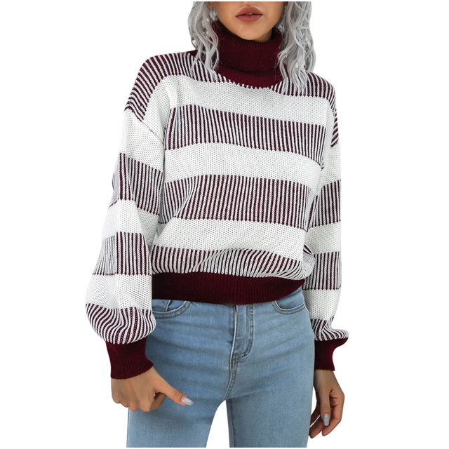 Chandails d'Automne et d'Hiver pour Femmes Col Roulé Rayé Manches Longues Tricot Épais Décontracté Doux