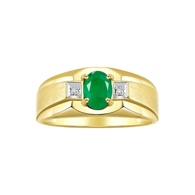 RYLOS Men's Rings 14K Yellow Gold Classic 7X5MM Oval Gemstone & Diamond Designer Ring Emerald May Birthstone Rings For Men, Gold Rings Size 8
