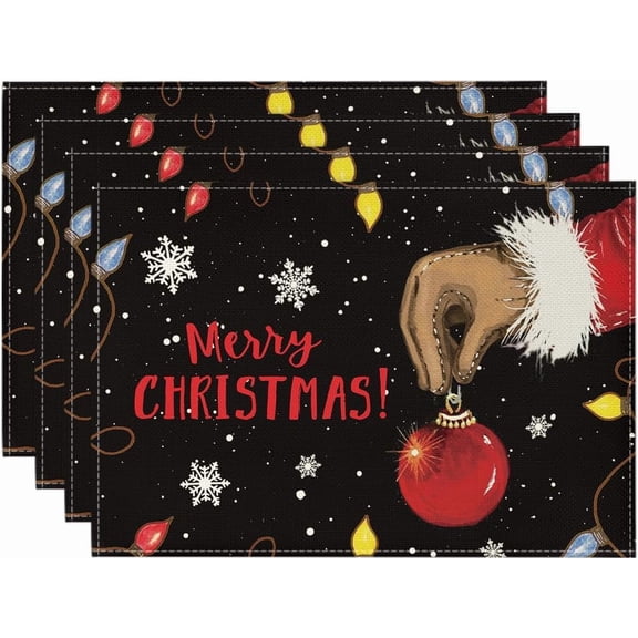 Xmas Ball Merry Christmas Placemats Set of 4, 12x18 Inch Seasonal Winter Holiday Black Table Mats for Party Kitchen Dining Decoration