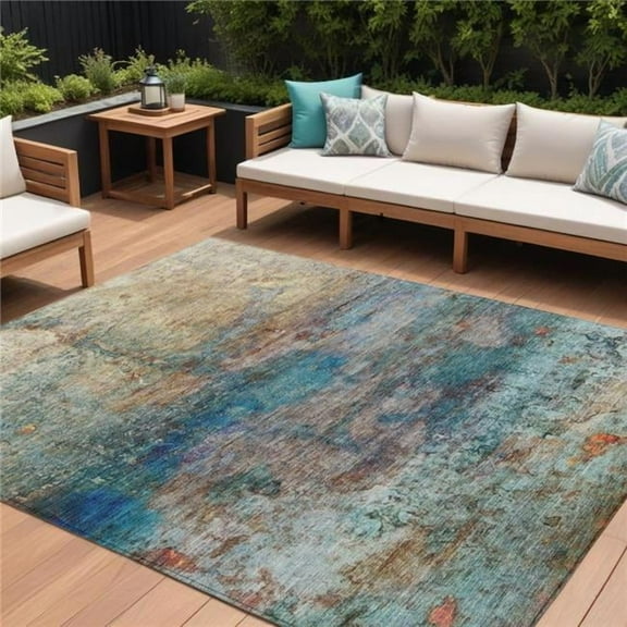 HomeRoots 631459 9 x 12 ft. Teal Blue Orange & Beige Abstract Washable Indoor & Outdoor Rectangle Area Rug