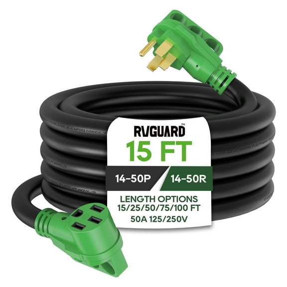 RVGUARD 50 Amp 15 Foot RV/EV Extension Cord, NEMA 14-50P/R Heavy Duty Extension Cord with LED Power Indicator and Cord Organizer, Green, ETL Listed