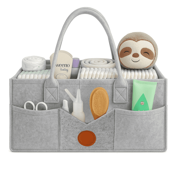 LAMSTOM Diaper Caddy Organizer - Diaper Caddy for Baby Nursery Storage, Felt Diaper Organizer for Baby Stuff with Handle, 13" x 9" x 7" Portable Baby Basket Boy Girl Changing Table Organizer (Grey)