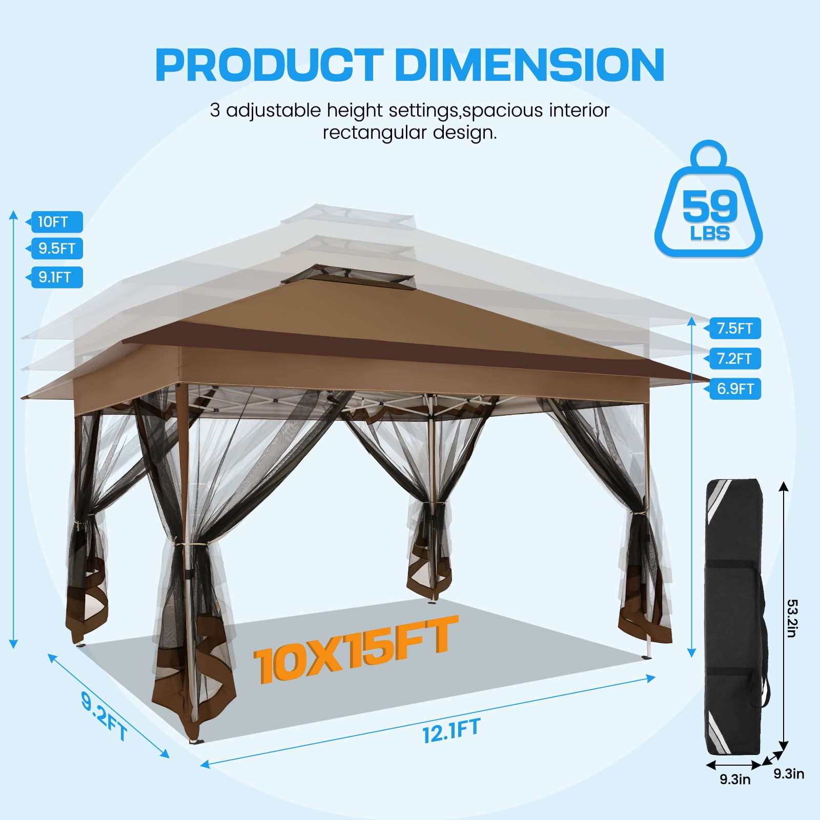 COBIZI 10x15 Pop-Up Gazebo with Mosquito Netting, Outdoor Patio Canopy Tent with 2-Tier Ventilated Roof, 3 Adjustable Heights, Provides 150 Sq Ft Shade, Brown