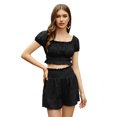 thumbnail image 3 of Women's Two Piece Outfits Elastic High Waisted Shorts Off Shoulder Ruffle Crop Top Casual Short Pant Sets, 3 of 9
