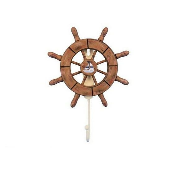 Hampton Nautical Rustic Wood Finish Decorative Ship Wheel with Sailboat and Hook 8" - Ship Whee