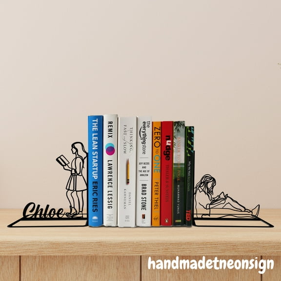 Handmadetneonsign Custom Girl Metal Bookends, Girl Reding Book Bookend, Modern Bookends, Shelf Decor 69493