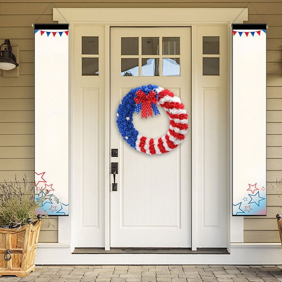 Patriotic Wreath 4th of July Wreath for Front Door Red White Blue Foam Roses Round Wreath with Independence Day Burlap Bow for Memorial Day Veterans Day Indoor Outdoor Hanging Decoration