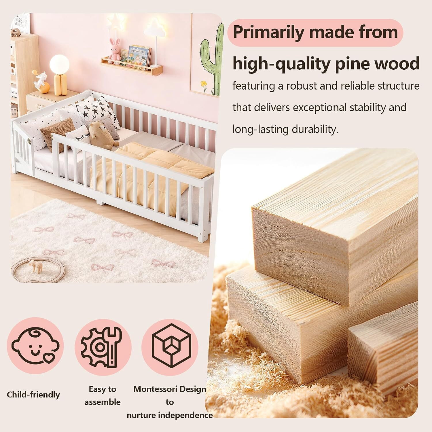 Twin Size Kids Floor Bed with Door and Full-Length Guardrails, Wood Montessori Floor Bed with Support Slats, Toddler Bed for Boys Girls, No Box Spring Needed Design