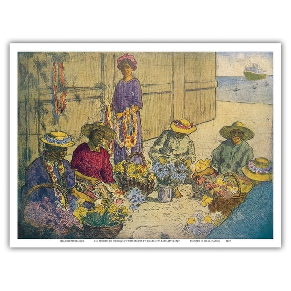 Lei Women on Honolulu’s Waterfront - Lei Day Hawaii - Vintage Hawaiian Illustration by Charles W. Bartlett c.1929 - Master Art Print (Unframed) 9in x 12in
