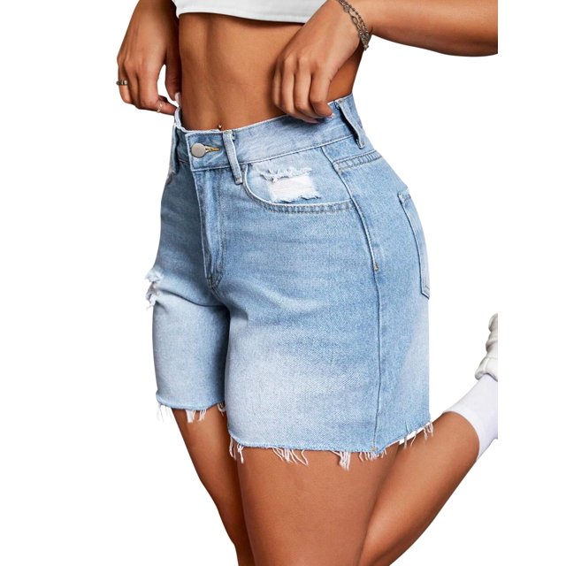 Pantalones cortos vaqueros IWD de cintura alta de mezclilla rasgada para verano 2025 para mujer