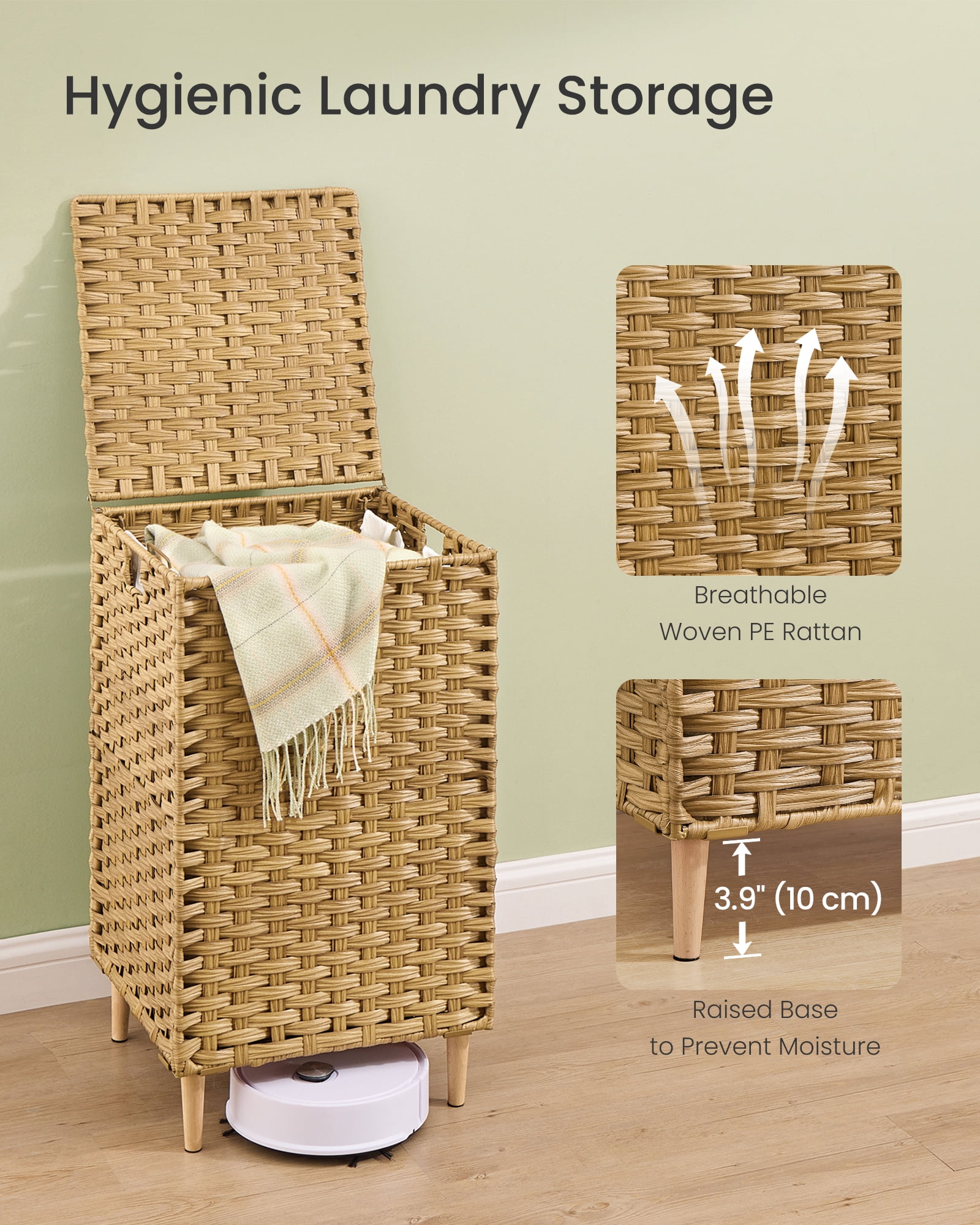 SONGMICS Laundry Hamper with Lid, PE Rattan,with Removable Liner, Storage Basket for Bedroom Living Room, 25 Gallons (95 L), Goose Yellow