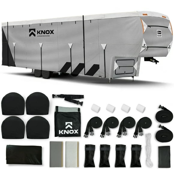 KNOX 2nd Gen Fifth Wheel RV Cover, Anti-Tear APEX Fabric, Fits Travel Trailer, RV, or Motorhome - Camper Cover Includes Wheel Covers, Ladder Cover and Gutter Covers - Size 29-33 ft
