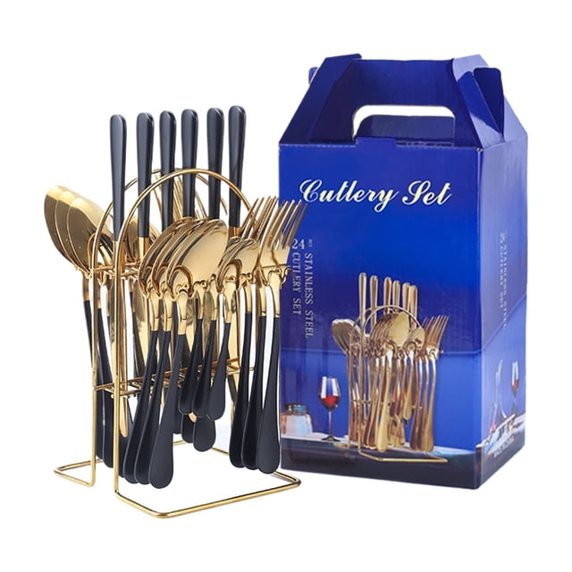 Wosthever Juego de cuchara y tenedor 24 unids/set hecho de acero inoxidable que garantiza cubiertos de acero inoxidable duraderos Mostrada Oro negro