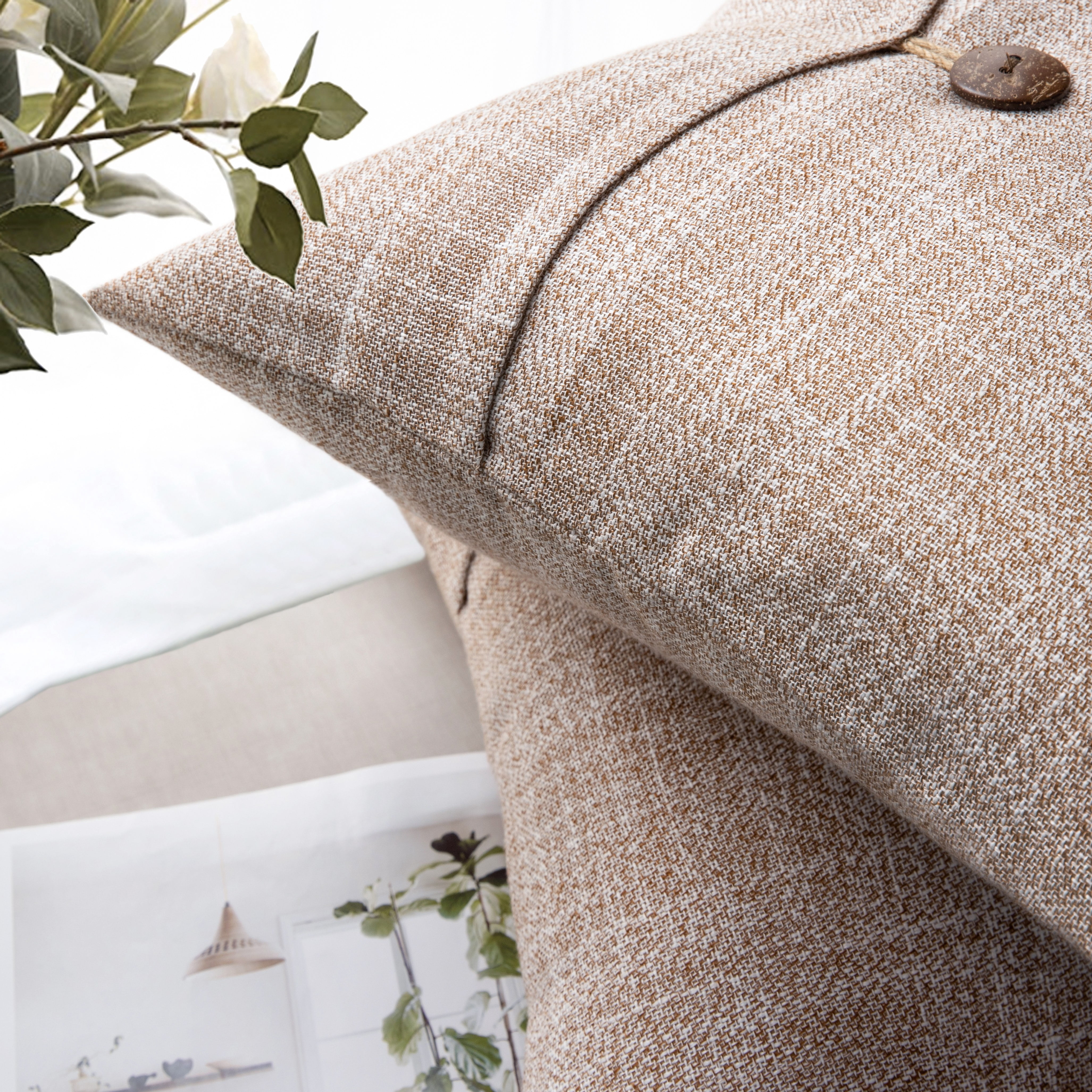 Phantoscope 18" x 18" 2-Pack Single Button Linen Farmhouse Decorative Throw Pillows, Beige