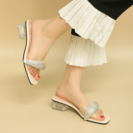 

Aayomet Women Slippers Ladies Fashion Transparent Rhinestone Square Toe Open Toe Thick Heel Slippers Beige 7.5