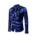 thumbnail image 1 of xiaxaixu Men Satin Ruffle Shirts, Long Sleeve Stand Collar Solid Color Slim Fit Dress Shirt, 1 of 9