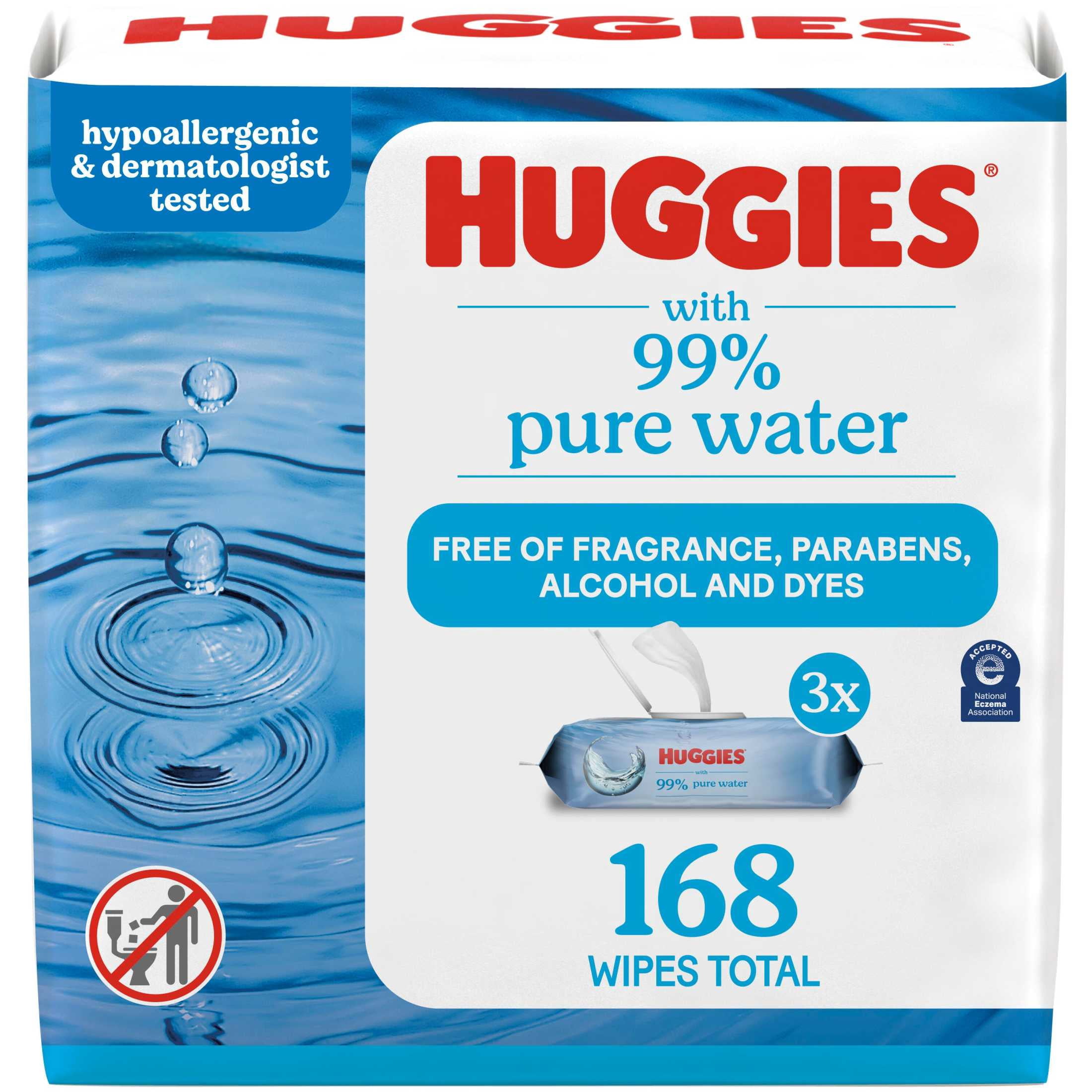 Huggies 99% Pure Water Unscented Wipes, 3 Flip-Top Packs, 168 Total Count