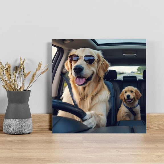 Summer Funny Wall Art Painting on Canvas, Modern Driving Dog Print Canvas Art Home Prints Wall Art Framed Modern Artwork for Living Room Bedroom Wall Decor 8x8in