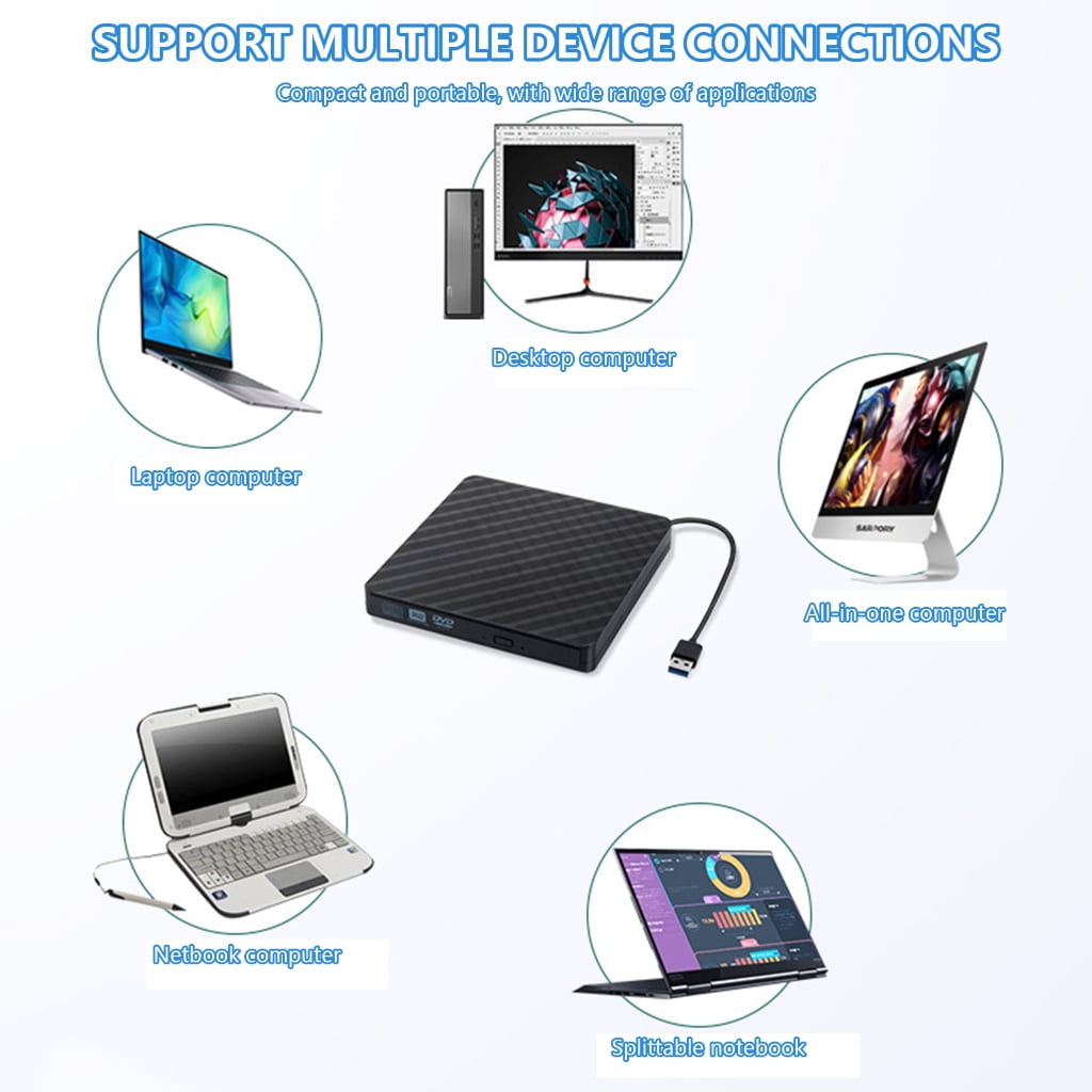 Portable External Opticaled Disk Drive Reader With USB3.0 And USB C For Laptops Thin and Easy Installlation
