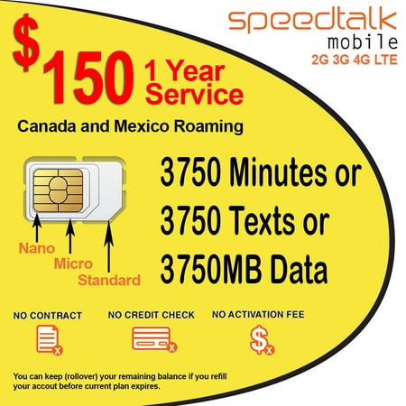 1 Year Wireless Plan Prepaid GSM SIM Card Rollover Talk Text Data No Contract With Canada & Mexico