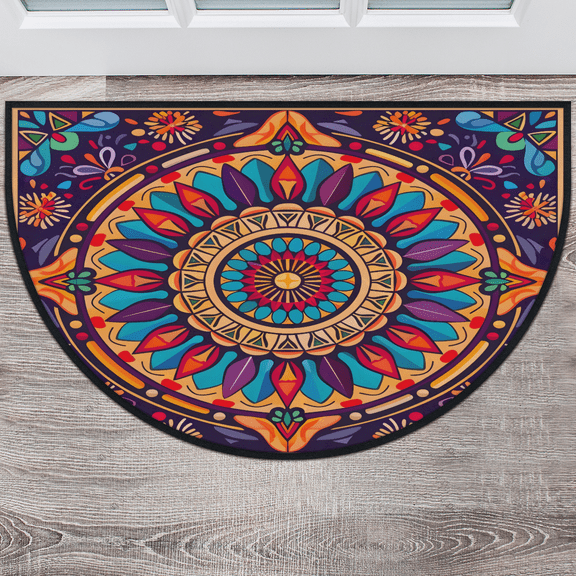 CURLYOOT Boho Mandala Flowers Half Round Door Mat, Indoor Outdoor Entrance Rug, Semi Circular Area Rug, Non Slip Washable Absorbent Doormat, Laundry Room Rug 40'' x 63''