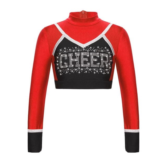 CHICTRY Girls Cheerleading Cropped Tops Shiny Rhinestone Contrast Color Long Sleeve Mock Neck Gymnastic Dance Tee Red 6